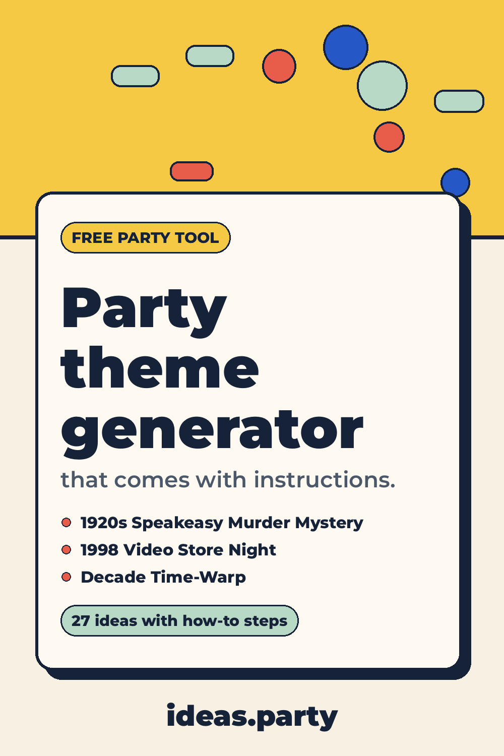 Graphic titled “Party theme generator” from ideas.party