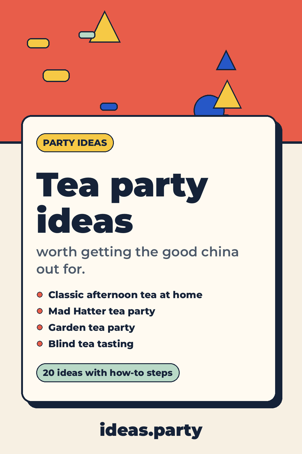 Graphic titled “Tea party ideas” from ideas.party